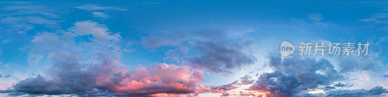 无缝hdr 360全景日落天空与明亮的粉红色积云，适合空中无人机全景和天空替换
